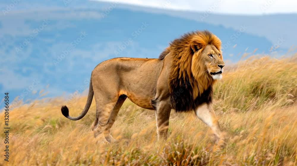 Majestic lion striding across african savanna, commanding power amongst golden grasses Majestic lion striding across african savanna, commanding power amongst golden grasses