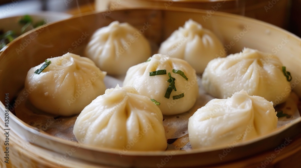 A close-up view of delicious baozi is shown. The baozi, with their soft and fluffy dough skins, come in various fillings, such as savory minced meat, flavorful vegetables, or a combination of both. A close-up view of delicious baozi is shown. The baozi, with their soft and fluffy dough skins, come in various fillings, such as savory minced meat, flavorful vegetables, or a combination of both.