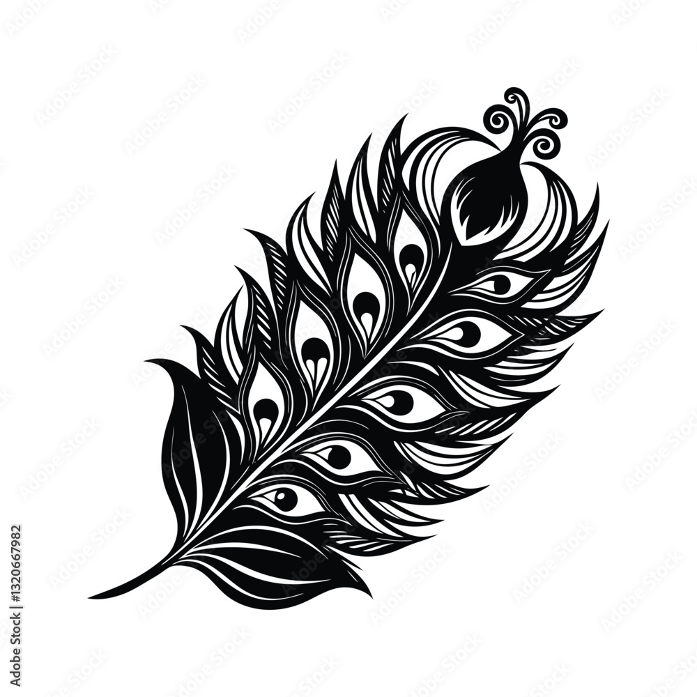 Ornate peacock feather with eye pattern silhouette isolated on white background Ornate peacock feather with eye pattern silhouette isolated on white background