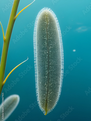 Microscopic view of Paramecium caudatum's asymmetrical body, cilia, and macronucleus, with distinctive caudal tail, amidst blurred aquatic background.