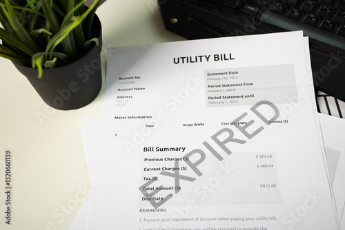Expired Utility Bill Notice, unpaid power bill with cost breakdown, financial document showing monthly energy consumption