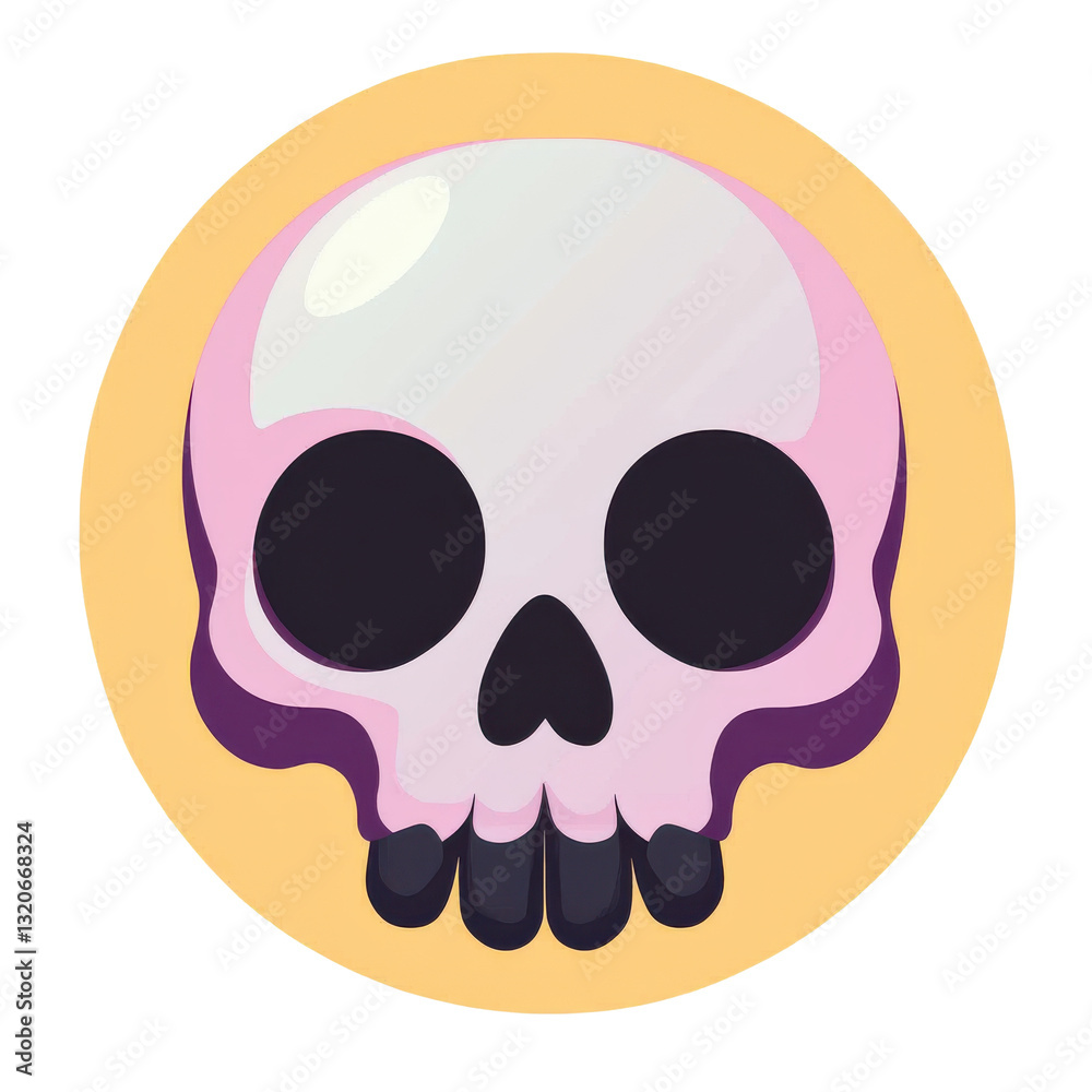pink cartoon skull on yellow circle background pink cartoon skull on yellow circle background