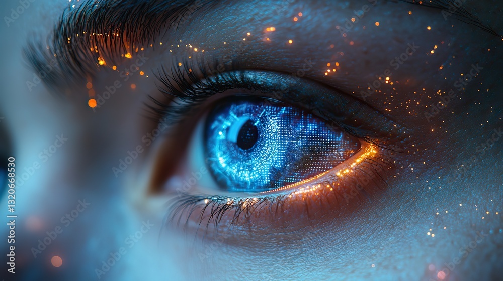 Fototapeta premium Futuristic bionic eye, complex HUD display close up vision tech advancements, cybernetics, ocular implants suggested.