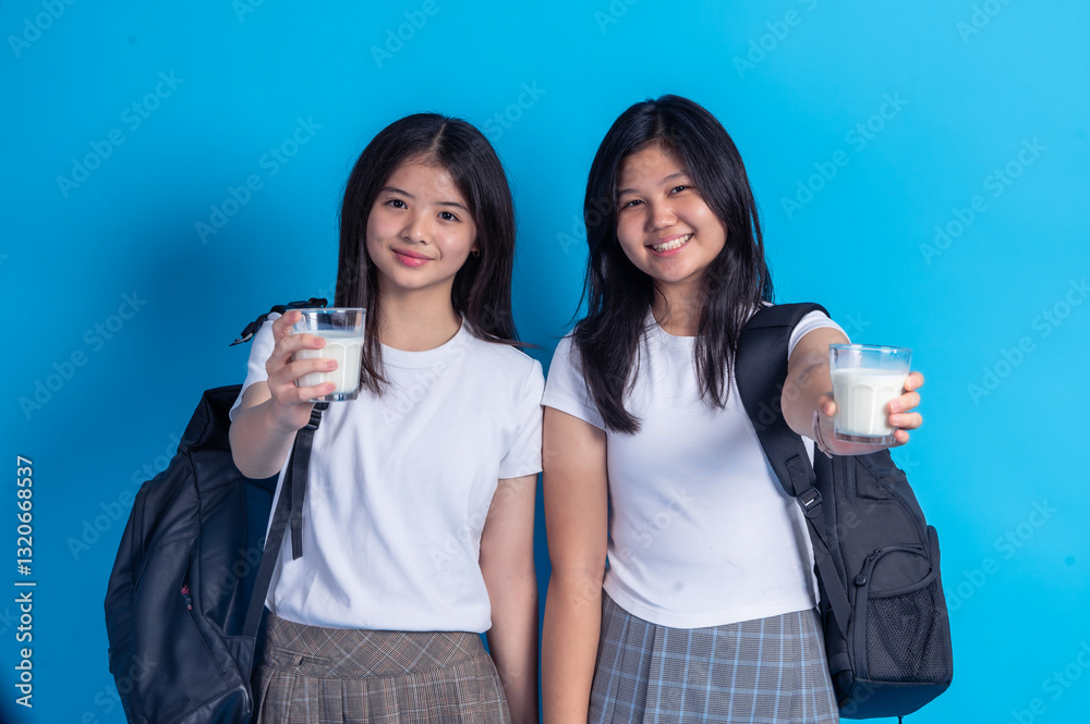 Two Asian teen girls in school uniforms smile while holding glasses of milk forward, promoting a healthy lifestyle against a solid blue background Two Asian teen girls in school uniforms smile while holding glasses of milk forward, promoting a healthy lifestyle against a solid blue background