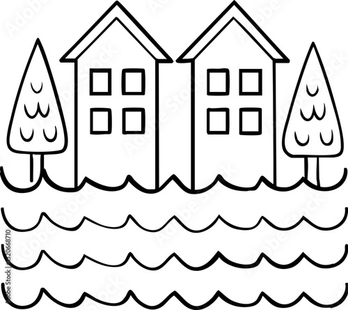 Two houses with trees surrounded by wavy water, represented in a simple line drawing style.