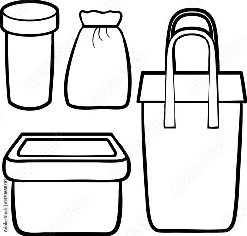 Containers illustrated in various shapes and sizes, including a bag and jars.