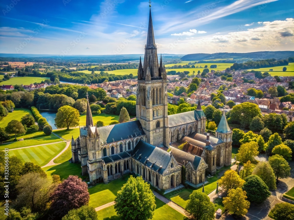 Naklejka premium Aerial View Salisbury Cathedral England - Stunning Bird's Eye Perspective