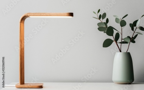 Wooden desk lamp with soft light illuminates a minimalistic scene, accompanied by eucalyptus branches in a pale green vase against a textured grey wall. The image evokes a sense of calm and serenity