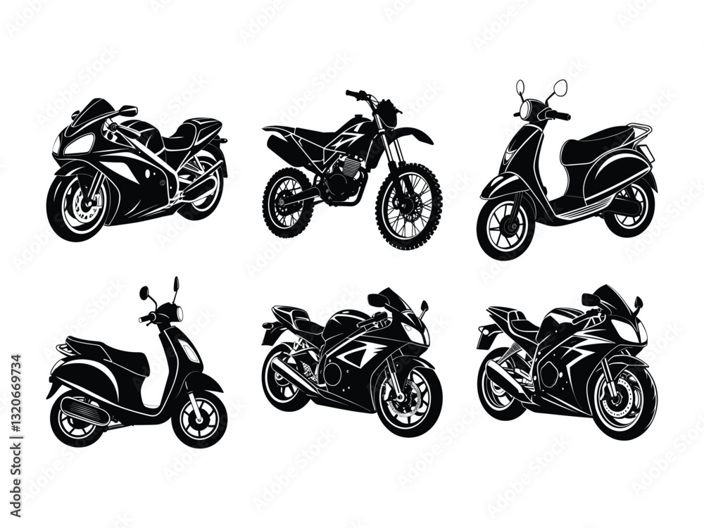 Obraz premium Set of various motorcycles and scooters silhouette isolated on white background