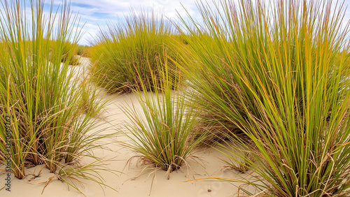 Fototapeta Naklejka Na Ścianę i Meble -  Vibrant Beach Grasses on Serene Sand Dunes A Coastal Harmony of Color and Nature