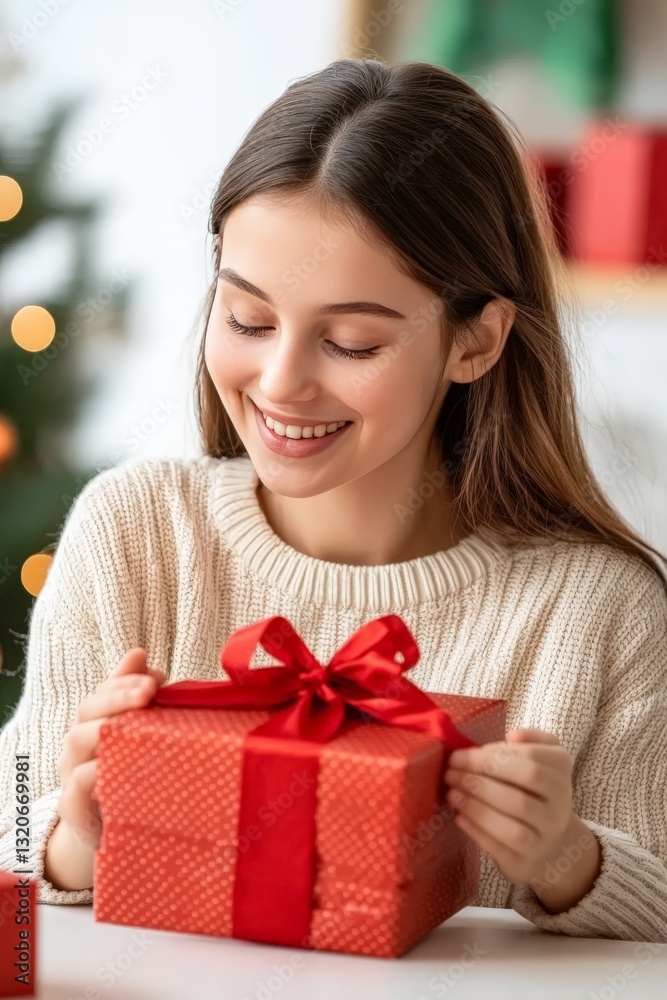 Young woman in festive mood holding a beautifully wrapped red gift box with a glowing smile in a cozy home setting Young woman in festive mood holding a beautifully wrapped red gift box with a glowing smile in a cozy home setting