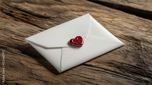 White envelope sealed with a red heart wax stamp on rustic wooden background. Romantic love letter or Valentine’s Day message.