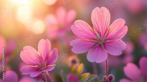 Gentle sunlight illuminates a delicate meadow, creating a warm, inviting scene with soft bokeh and natural beauty.