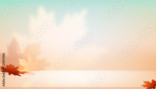 Autumn background for Product Display,Fall Studio Podium with Maple Shadow Leaves on Orange,Green Wall,Backdrop Scene for Thanksgiving Advertising,Vector Template Platform banner for fall season