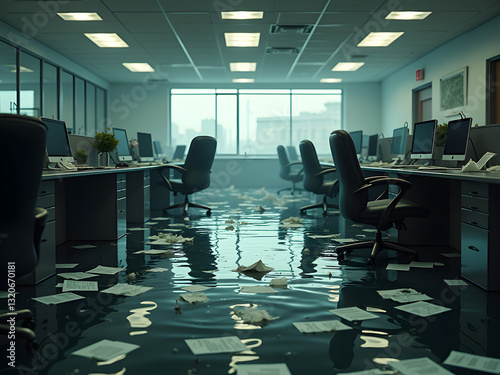 The office is a scene of devastation, water overflowing the desks, documents adrift, the empty room exuding an air of ruin.
