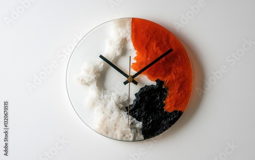 Abstract resin wall clock with white, black, and orange sections.  The clock has black hands and a simple design. It's set against a white background