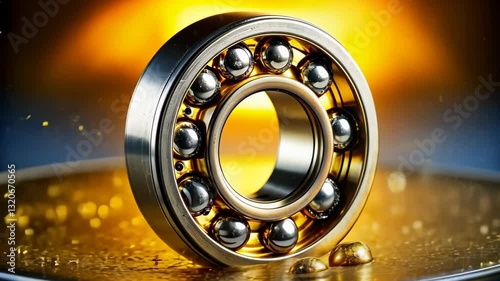 Close-up view of a spinning and moving metal bearing  or gear with dynamic oil splashes on background
