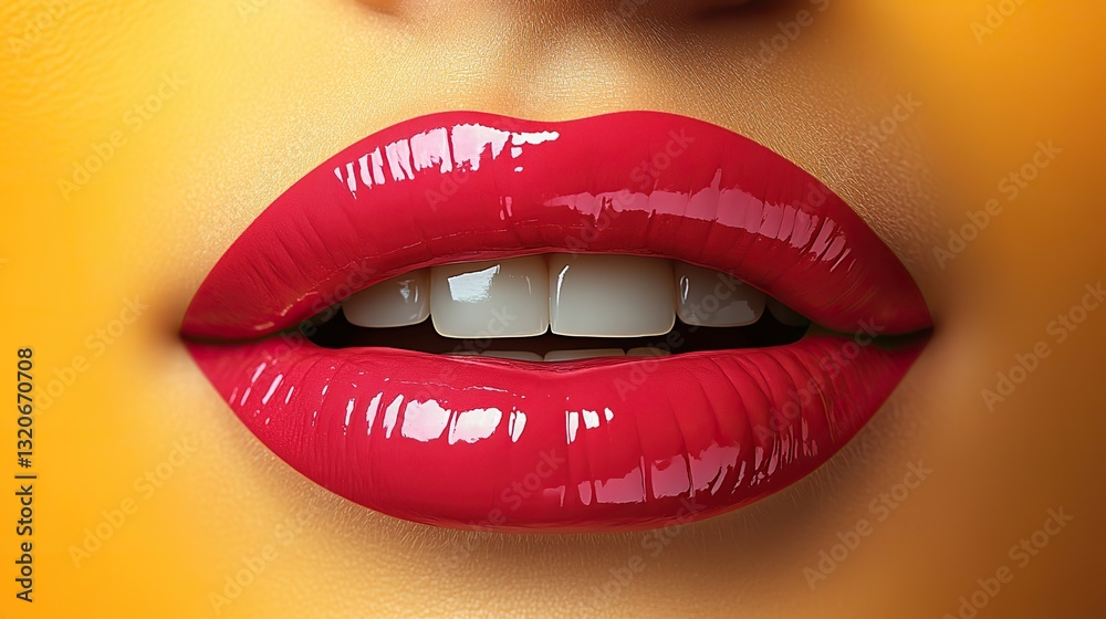 Obraz premium Glossy pink lips, tongue and teeth showing, against a yellow radial zoom background, represent lip augmentation, cosmetology, dentistry, and pop art.