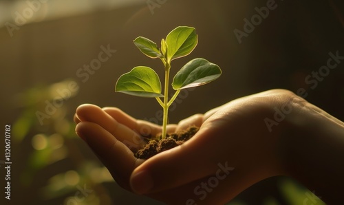 Young plant sprouting from soil is carefully held in a persons hand