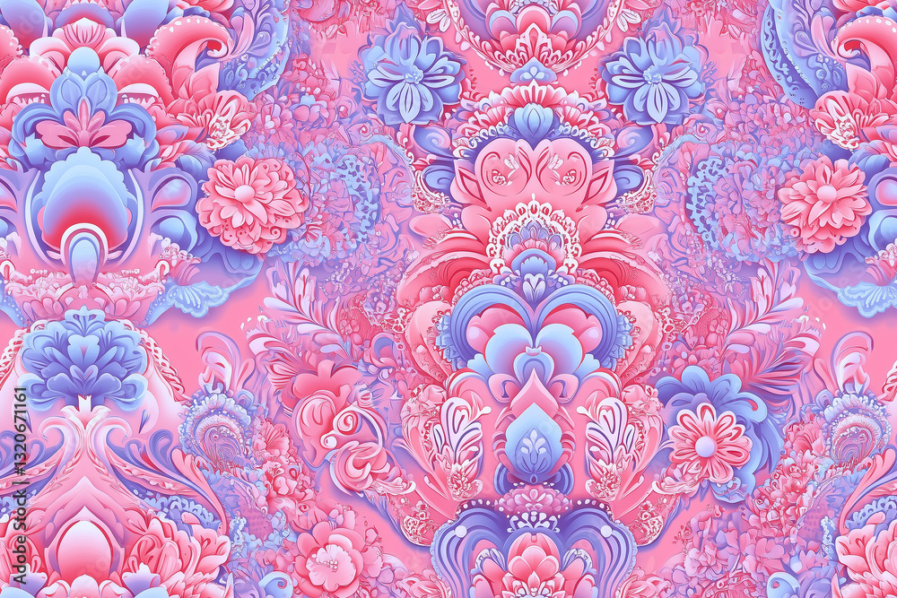 Seamless A Vibrant Pink and Blue Floral Pattern with Intricate Swirls and Curves, Ideal for Art and Design Applications, Showcasing Detailed Textures and Shades. Seamless A Vibrant Pink and Blue Floral Pattern with Intricate Swirls and Curves, Ideal for Art and Design Applications, Showcasing Detailed Textures and Shades.