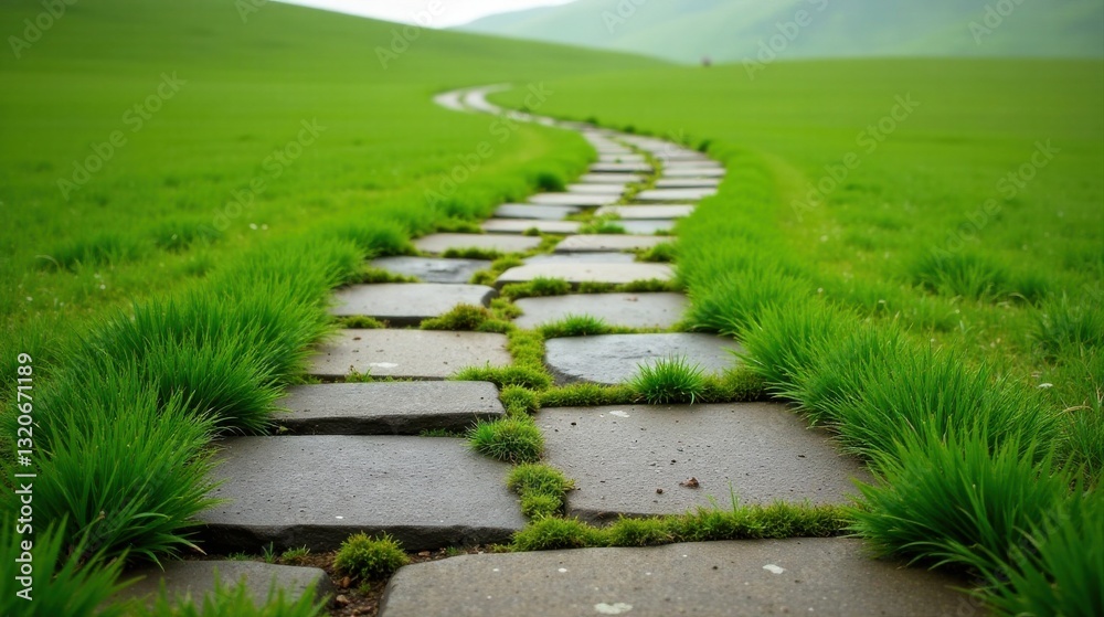 A Serpentine Stone Path Meandering Through Lush Green Grass Leading Towards a Distant Hillside A Serpentine Stone Path Meandering Through Lush Green Grass Leading Towards a Distant Hillside