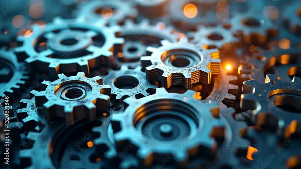 Сlose-up of interlocking spinning gears, symbolizing connectivity of mechanical systems, concept of engineering, manufacturing