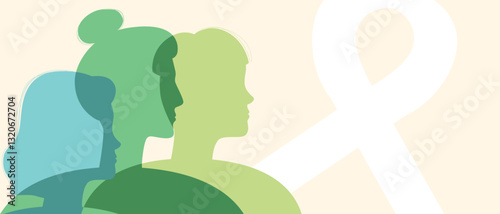 Cancer patients silhouettes and cancer ribbon, silhouette vector stock illustration with unidentifiable people together as a template with space for text or copy space
