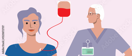 Consultation of a cancer patient with an ophthalmologist, flat vector stock illustration with medicine and chemotherapy