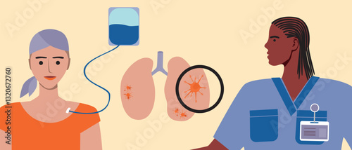 Oncologist and cancer patient, flat vector stock illustration with doctor and lung cancer