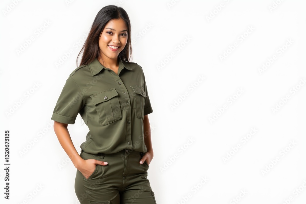 Half-Length (Waist-Up) portrait of young stylish smiling Honduran female model in military wear isolated on pure white background looking at camera Half-Length (Waist-Up) portrait of young stylish smiling Honduran female model in military wear isolated on pure white background looking at camera