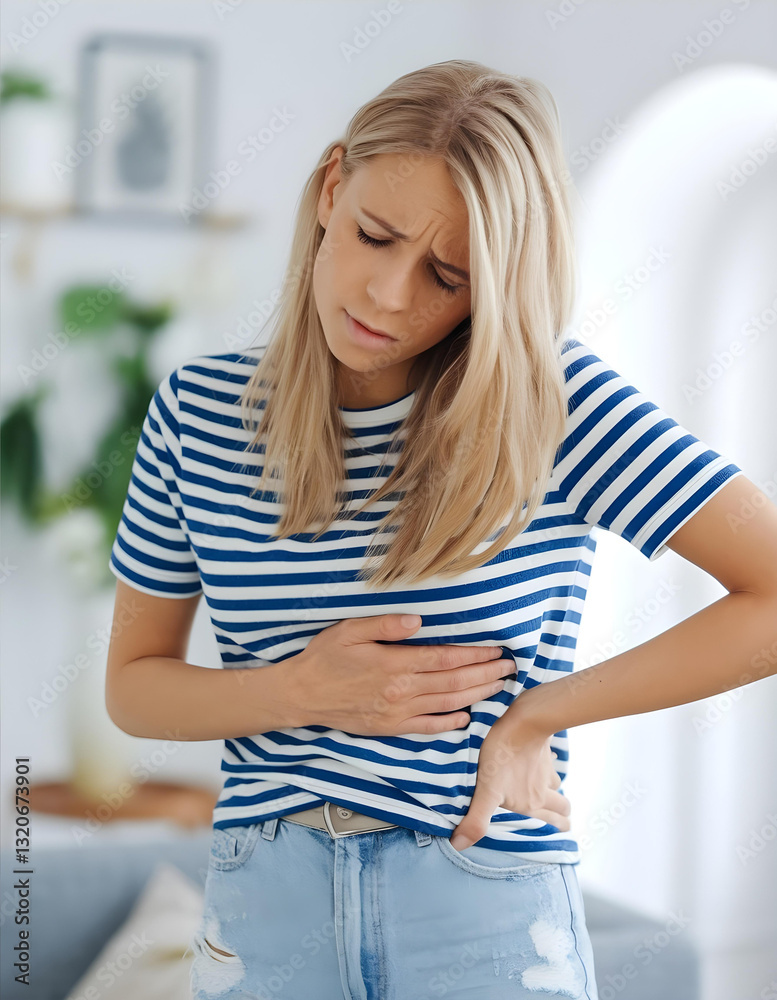 Young woman suffering from severe abdominal pain at home