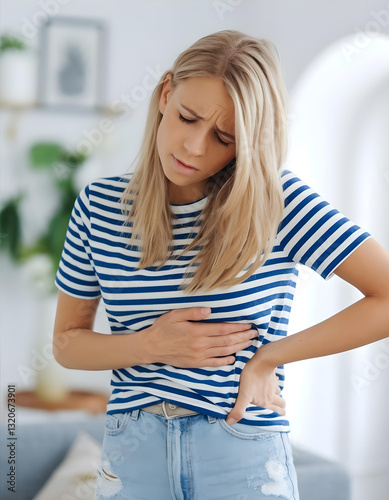 Obraz na płótnie Young woman suffering from severe abdominal pain at home w salonie