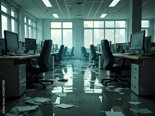 Office flooded, papers floating, deserted, utter mess.