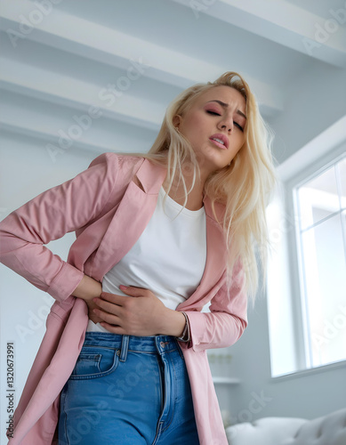 Obraz na płótnie Young woman suffering from severe abdominal pain at home w salonie