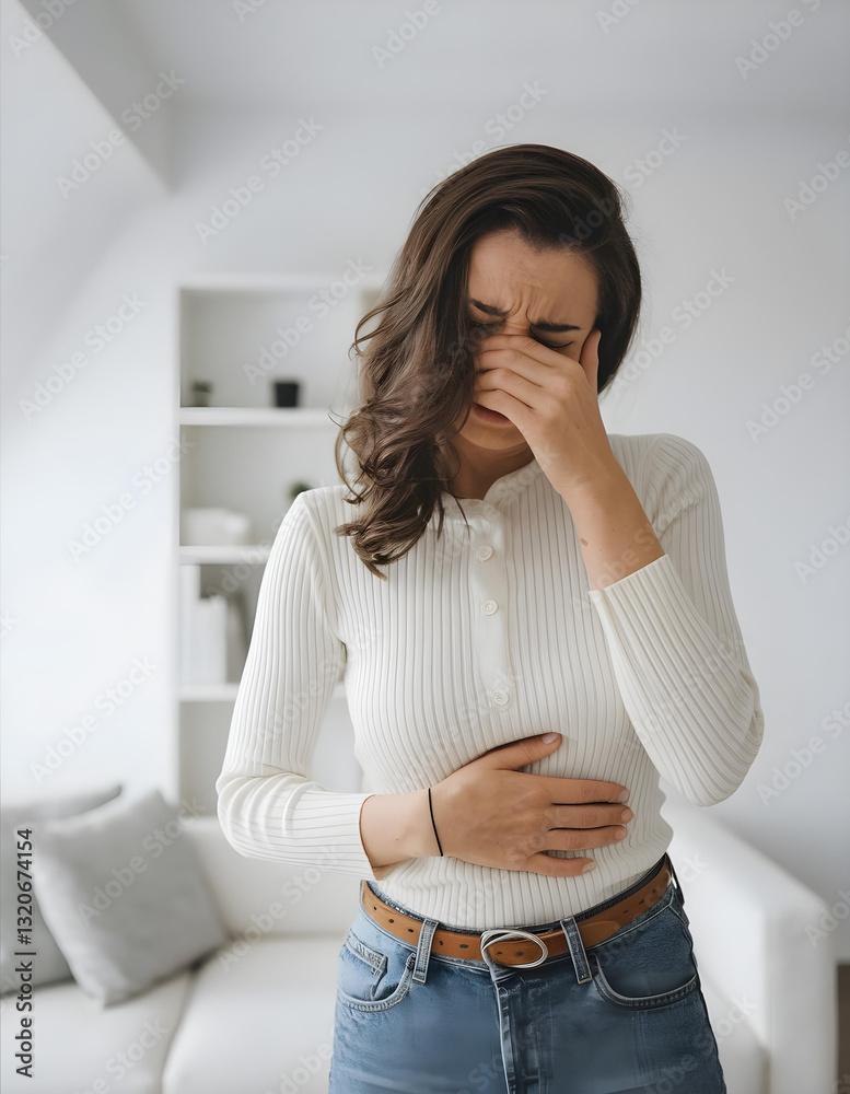 Young woman suffering from severe abdominal pain at home