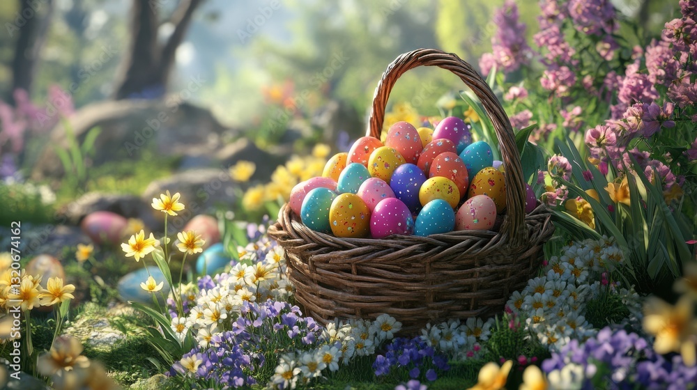 Vibrant Easter basket filled with colorful eggs surrounded by blooming flowers in a sunny garden Vibrant Easter basket filled with colorful eggs surrounded by blooming flowers in a sunny garden