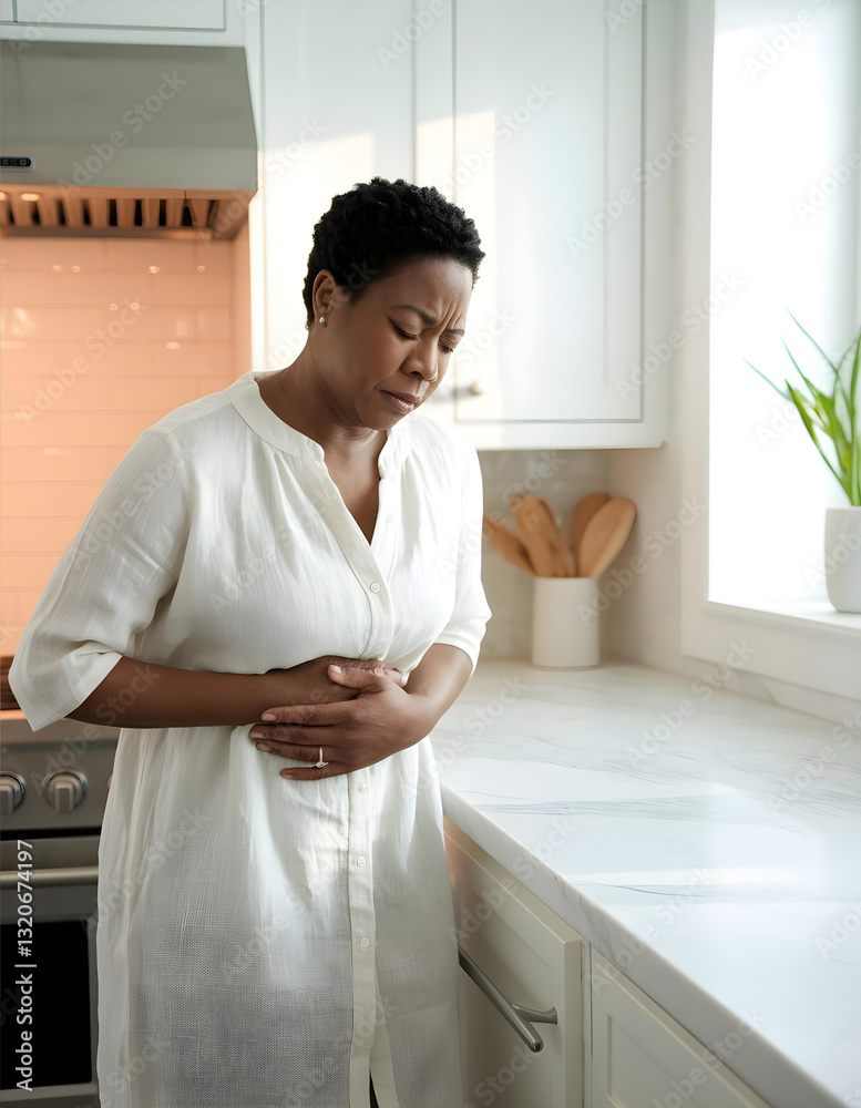 Young woman suffering from severe abdominal pain at home