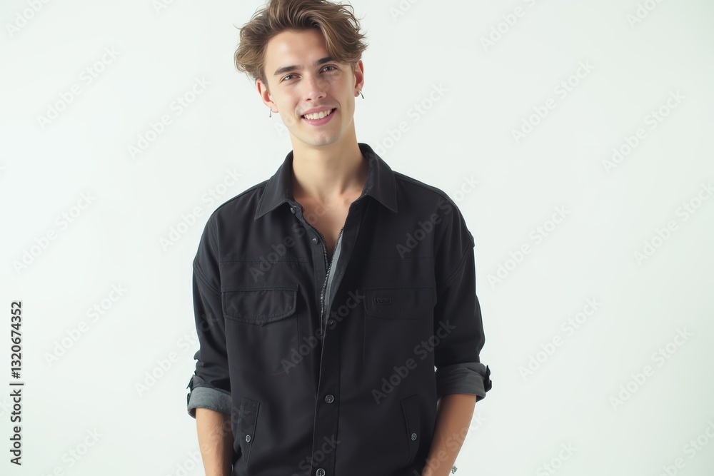 Half-Length (Waist-Up) portrait of young stylish smiling Hungarian male model in goth wear isolated on pure white background looking at camera Half-Length (Waist-Up) portrait of young stylish smiling Hungarian male model in goth wear isolated on pure white background looking at camera