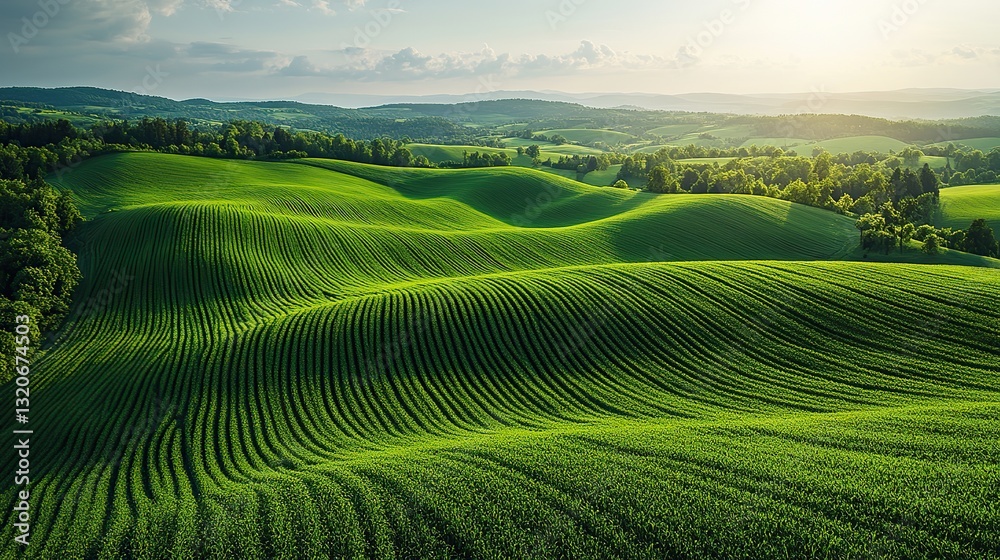 Fototapeta premium Green fields form a geometric pattern, agricultural artistry.