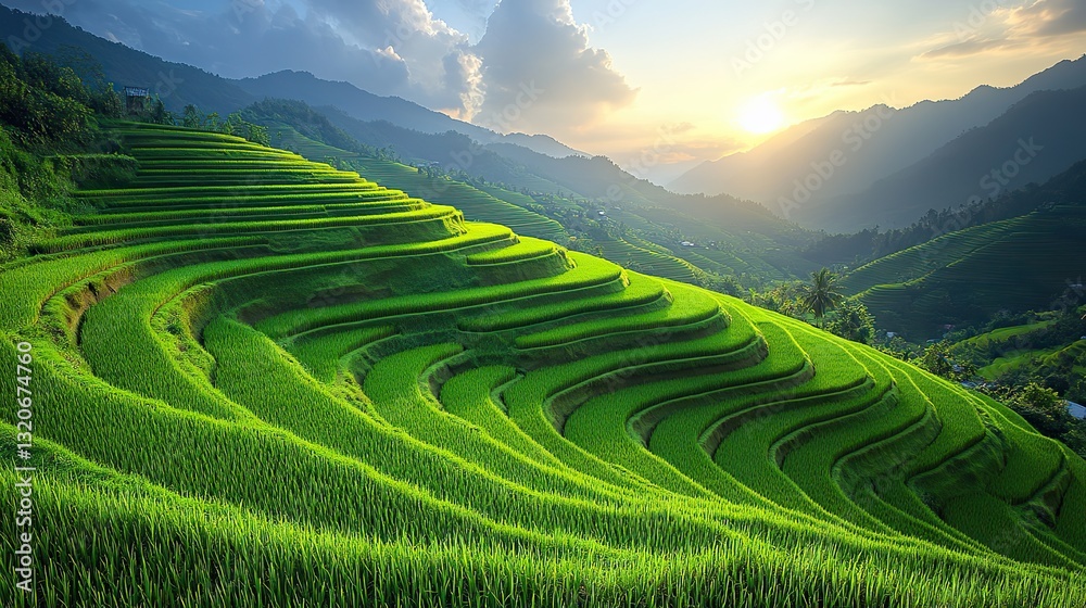 Fototapeta premium Green rice terraces form curved lines, a sustainable agriculture scene.
