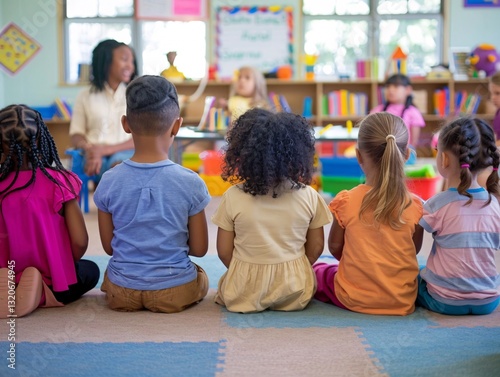 A group of kids is sitting on the floor and carefully listening to the teacher. Concept of primary education. AI generated