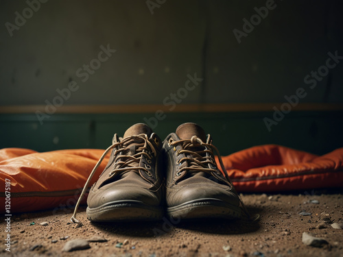 Worn-out shoes, neatly stacked next to a sleeping bag, tell a story of daily hardship and perseverance.