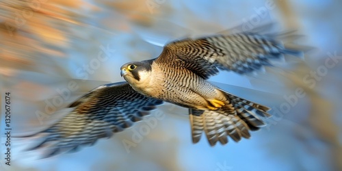 Peregrine falcon in flight, showcasing powerful wings and sharp vision. Captures essence of speed and agility against a blurred background.
