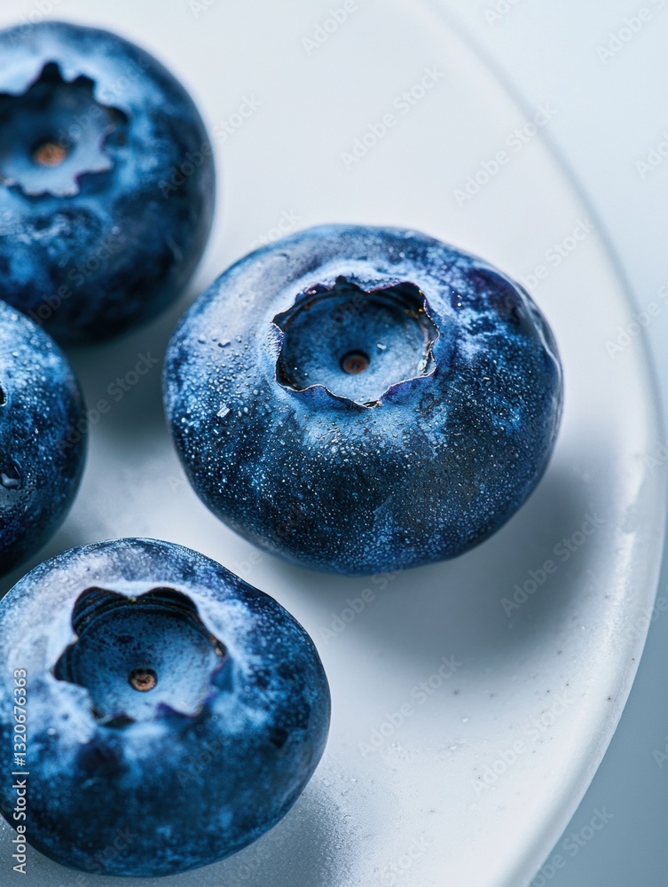 Four blueberries on a white plate. the blueberries are round and plump, with a slightly wrinkled texture. they are arranged in a scattered manner, with one in the center and two on either side. Four blueberries on a white plate. the blueberries are round and plump, with a slightly wrinkled texture. they are arranged in a scattered manner, with one in the center and two on either side.