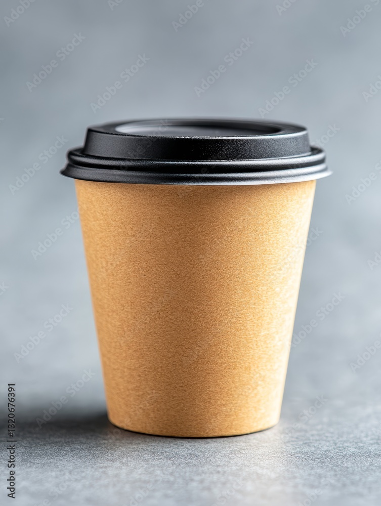 Kraft paper coffee cup with black lid on a gray surface Kraft paper coffee cup with black lid on a gray surface