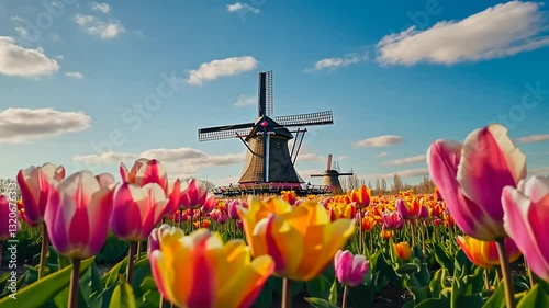 Picturesque dutch landscape featuring traditional windmills and vibrant tulip fields