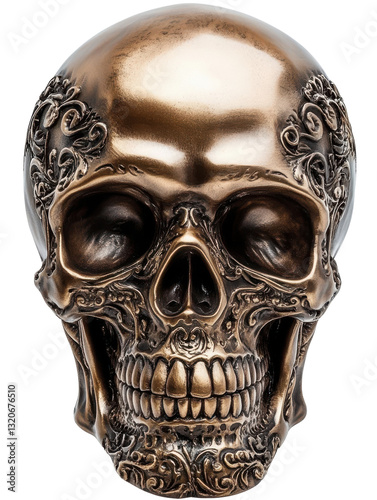 bronze skull with ornate floral design on white background