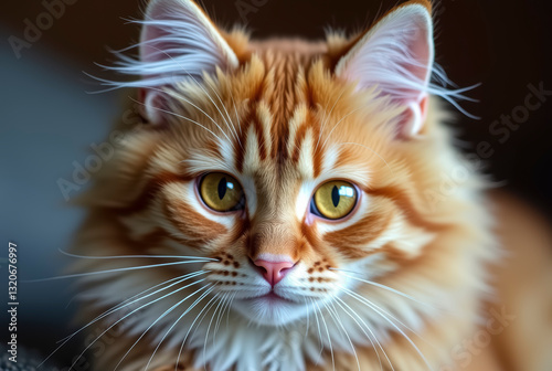 Close-up of a ginger-orange long-haired cat with yellow eyes, looking at the camera.