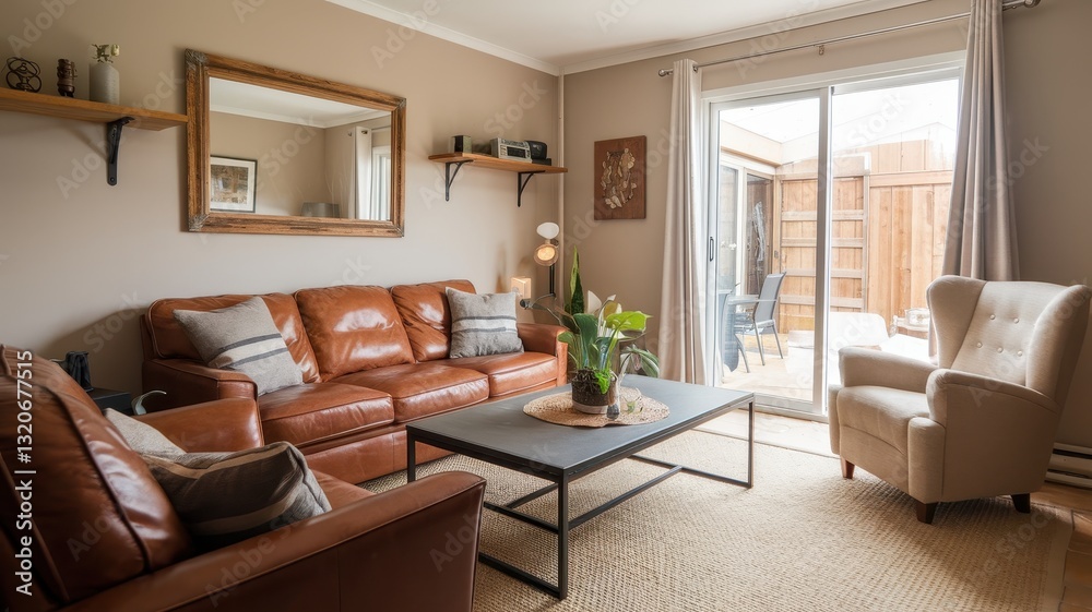 Fototapeta premium Cozy Living Room Interior Design with Leather Sofa and Patio View