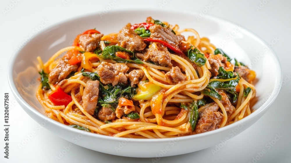 A mouthwatering dish of spicy Thai basil pork pasta rests on an elegant white plate A mouthwatering dish of spicy Thai basil pork pasta rests on an elegant white plate